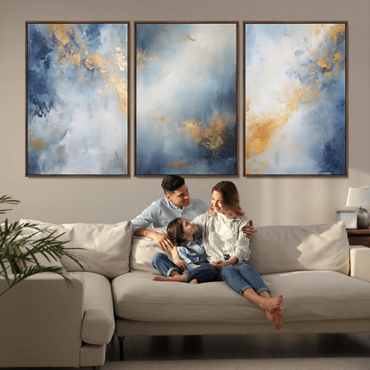 41836-MGV-FC-60X30-3P_Walnut-Abstract Gold Wall Art Canvas Print, Framed Blue Layers Art Picture Print, Elegant Cloud Perfect Elegant Minimalist Decor Artwork