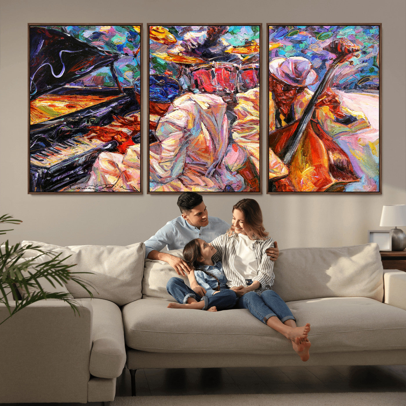 13675-MGV-FC-60X30-3P_Walnut-Jazz Band Wall Art Canvas Print, Framed Jazz Oil Painting Art Picture Print, Vibrant Music Perfect Abstract Musical Decor Artwork