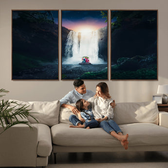 56359-MGV-FC-60X30-3P_Walnut-Lilo Stitch Wall Art Canvas Print, Framed Stitch Angel Art Picture Print, Cartoon Waterfall Perfect Tropical Fantasy Decor Artwork