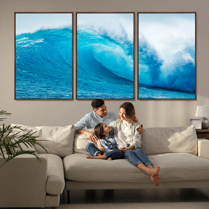 15566-MGV-FC-60X30-3P_Walnut-Ocean Wave Wall Art Canvas Print, Framed Curling Wave Art Picture Print, Vibrant Surf Wave Perfect Coastal Surf Decor Artwork