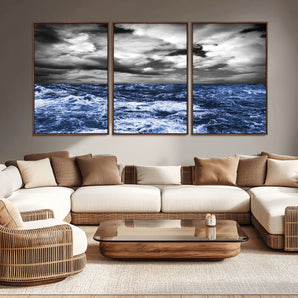 91043-MGV-CV-36X24-Stormy Ocean Wall Art Canvas Print, Framed Moody Seascape Art Picture Print, Monochrome Sea Perfect Coastal Drama Decor Artwork
