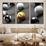 52108-MGV-FC-60X30-3P_Walnut-Precision Pool Table Wall Art – Close Up Yellow 1 Ball Canvas Print, Hand-Played Billiards Game Decor for Office, Game Room, or