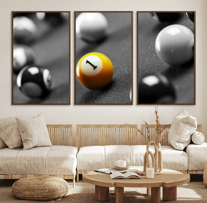 52108-MGV-FC-60X30-3P_Walnut-Precision Pool Table Wall Art – Close Up Yellow 1 Ball Canvas Print, Hand-Played Billiards Game Decor for Office, Game Room, or