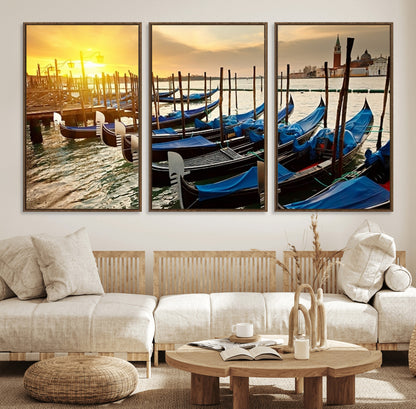 25872-MGV-FC-60X30-3P_Walnut-Venetian Gondola Dock Wall Art – Serene Sunset Canal Canvas Print, Tranquil Water Travel Decor for Office, Living Room, or Man