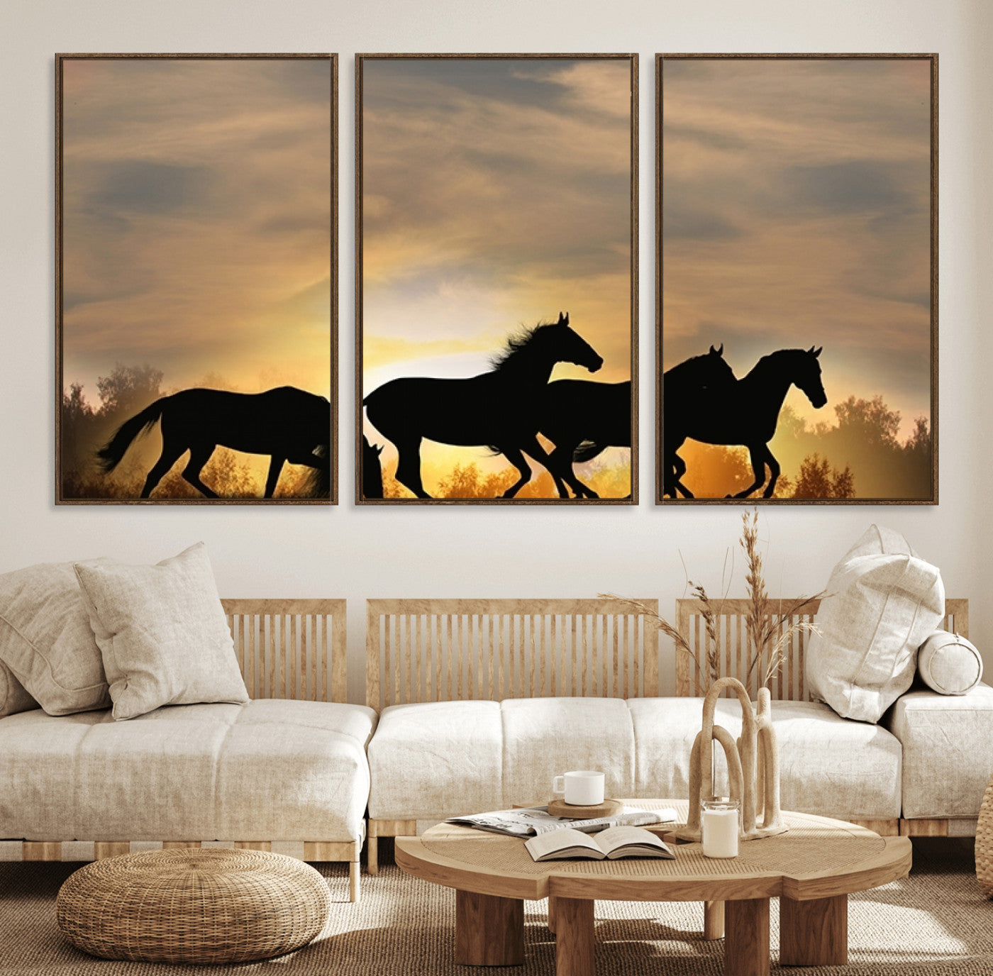 16620-MGV-FC-60X30-3P_Walnut-Sunset Stallions Wall Art – Silhouetted Horses Running Canvas Print, Nature’s Rhythm, Perfect for Living Room, Office, or Man Cave