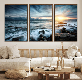 33428-MGV-FC-60X30-3P_Walnut-Ocean Sunrise Wall Art – Serene Seascape Canvas Print, Coastal Home or Office Decor, Perfect for Living Room, Bedroom, or Study