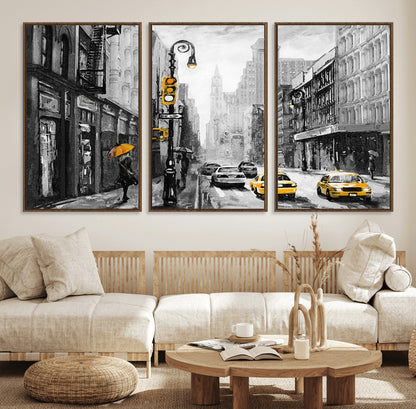 32362-MGV-FC-60X30-3P_Walnut-NYC Street Wall Art – Black and White Cityscape with Yellow Taxis and Umbrella Canvas Print, Urban Home Decor for Living Room or