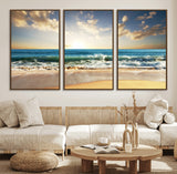 13139-MGV-FC-60X30-3P_Walnut-Sunrise Beach Wall Art – Ocean Waves and Golden Sand Canvas Print, Coastal Home Decor for Living Room, Bedroom, or Office