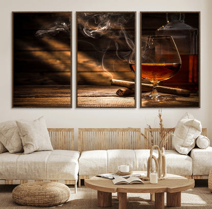 92305-MGV-FC-60X30-3P_Walnut-Whiskey & Cigar Wall Art – Moody Whiskey and Cigar Canvas Print, Sophisticated Bar or Home Lounge Decor for Office, Man Cave or