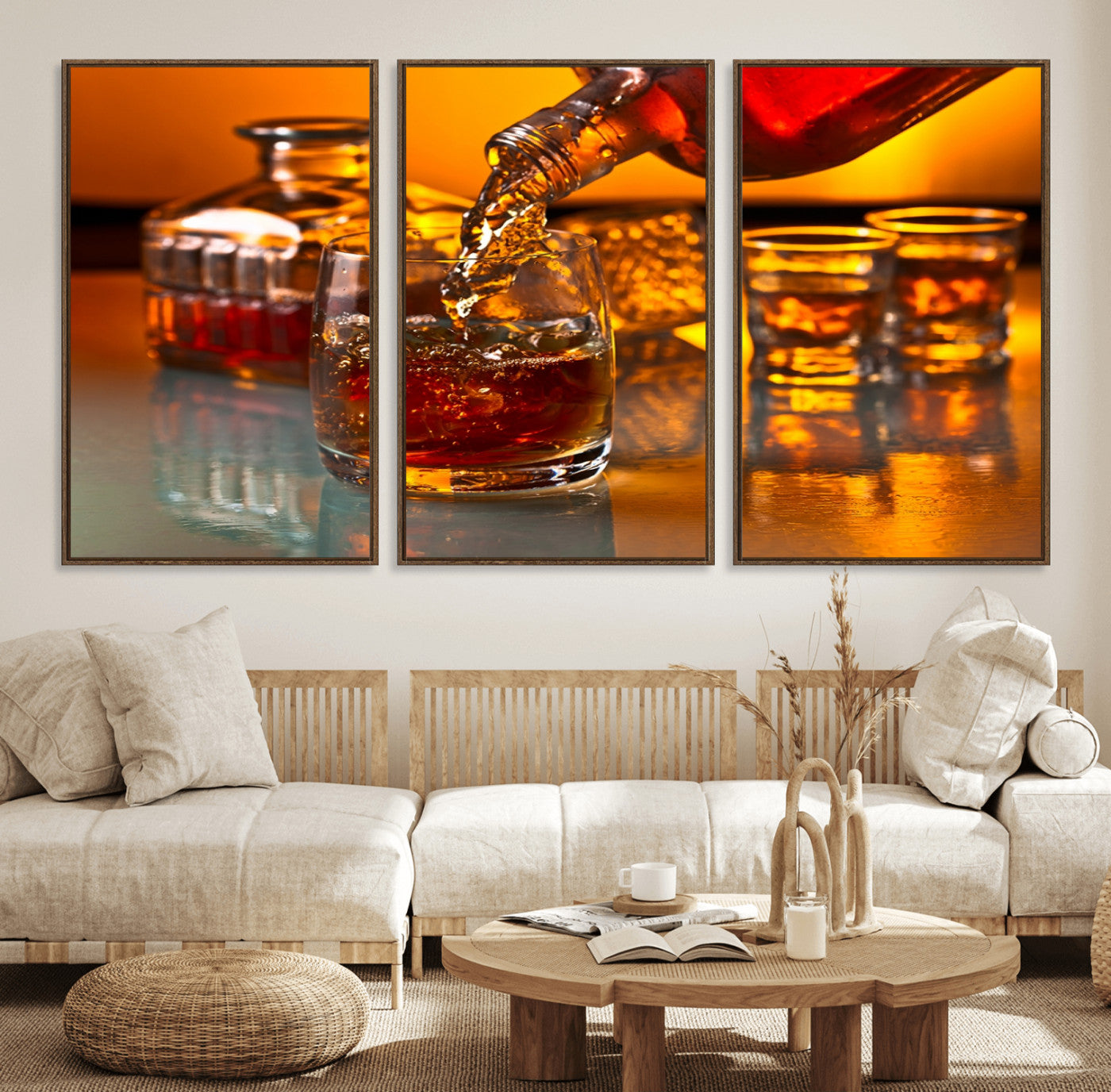 18250-MGV-FC-60X30-3P_Walnut-Whiskey Pour Wall Art – Captivating Whiskey Splash Canvas Print, Elegant Bar or Home Lounge Decor for Office, Man Cave or Living