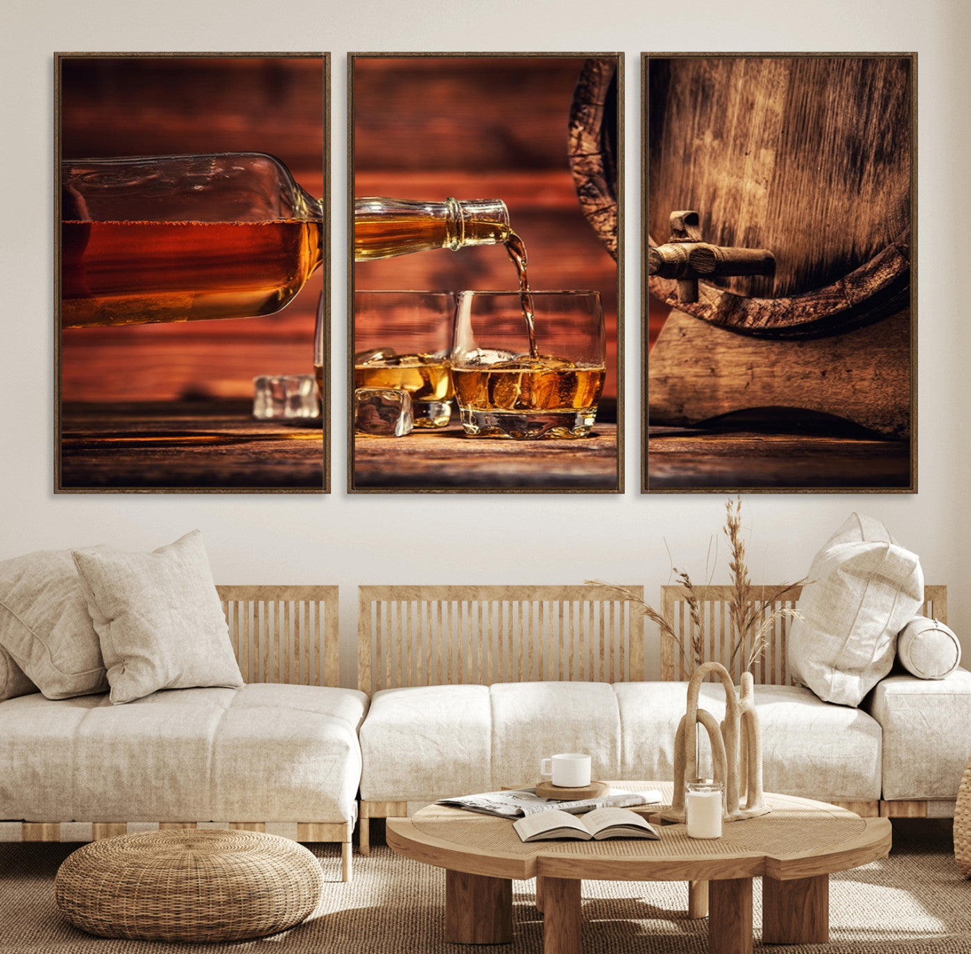 52458-MGV-FC-60X30-3P_Walnut-Whiskey Pour Wall Art – Elegant Whiskey Bottle Pouring into Glasses Canvas Print, Refined Bar or Lounge Decor for Home, Office, or
