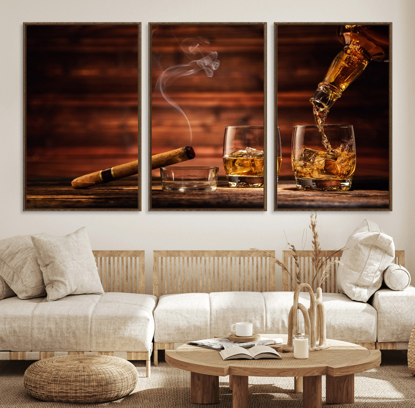91042-MGV-CV-36X24-Whiskey & Cigar Wall Art – Elegant Whiskey Pour and Smoldering Cigar Canvas Print, Sophisticated Bar or Lounge Decor for Home,