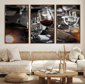 75513-MGV-FC-60X30-3P_Walnut-Elegant Wine Toast Wall Art – Close-Up Red Wine Glass at Dinner Table Canvas Print, Sophisticated Dining Room or Bar Decor