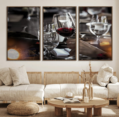 75513-MGV-FC-60X30-3P_Walnut-Elegant Wine Toast Wall Art – Close-Up Red Wine Glass at Dinner Table Canvas Print, Sophisticated Dining Room or Bar Decor