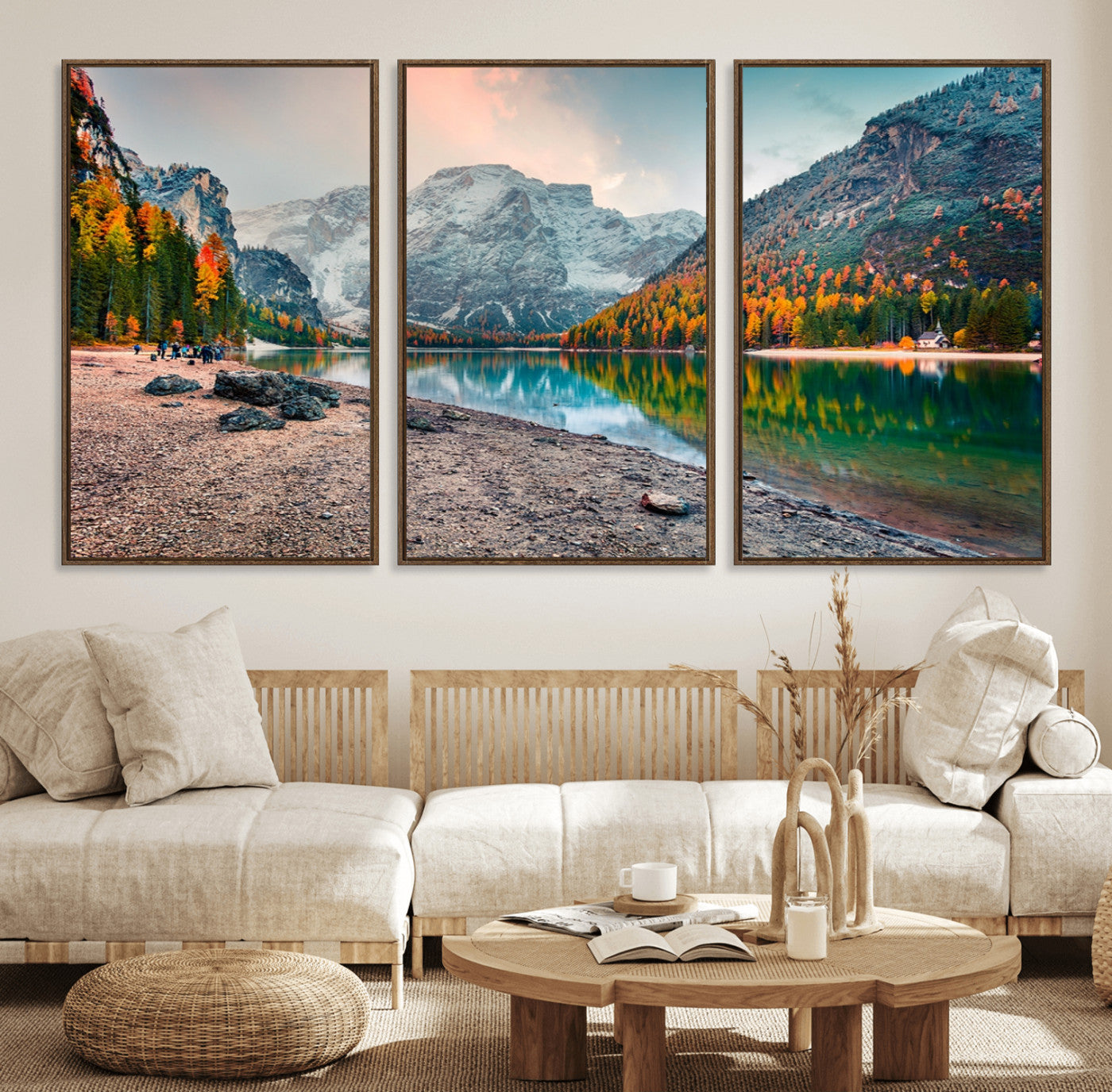 25982-MGV-FC-60X30-3P_Walnut-Autumn Mountain Lake Wall Art – Panoramic Fall Foliage and Snowy Peaks Canvas Print, Scenic Nature Decor for Living Room or Office