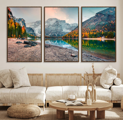 25982-MGV-FC-60X30-3P_Walnut-Autumn Mountain Lake Wall Art – Panoramic Fall Foliage and Snowy Peaks Canvas Print, Scenic Nature Decor for Living Room or Office