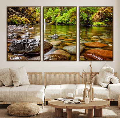 98096-MGV-FC-60X30-3P_Walnut-Serene River Waterfall Nature Photo – Calm Clear Water, Vibrant Green Forest and Smooth Stones Landscape Wall Art for Home or