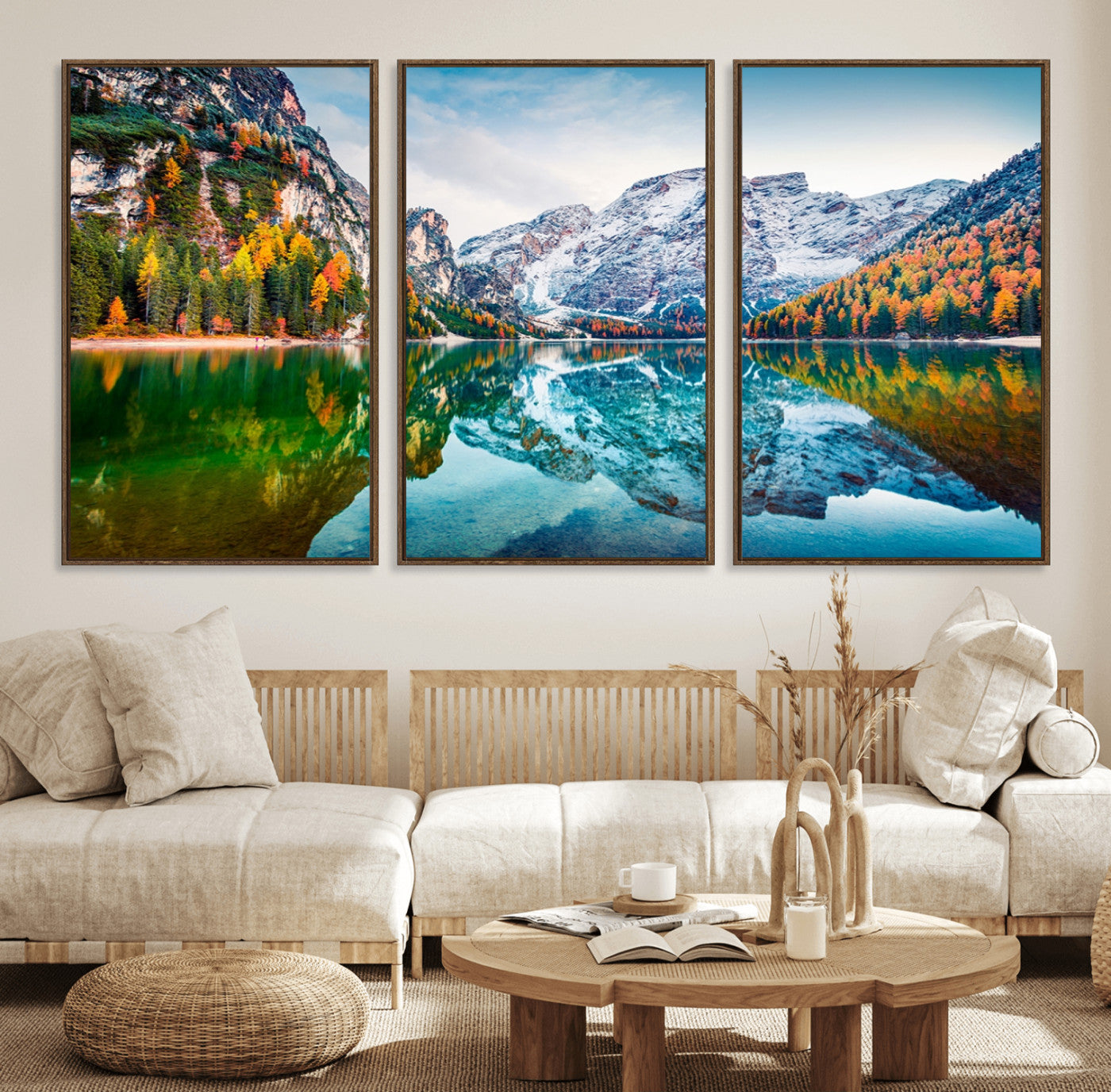 10402-MGV-FC-60X30-3P_Walnut-Snowy Mountain Lake Wall Art – Autumn Landscape Canvas Print with Reflection, Nature Decor for Living Room, Office, Bedroom or