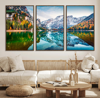 10402-MGV-FC-60X30-3P_Walnut-Snowy Mountain Lake Wall Art – Autumn Landscape Canvas Print with Reflection, Nature Decor for Living Room, Office, Bedroom or