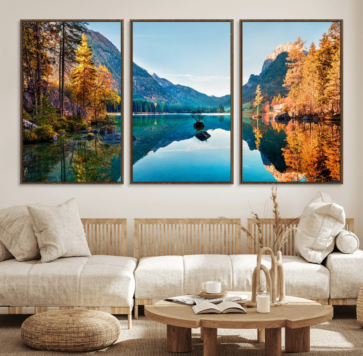 32962-MGV-FC-60X30-3P_Walnut-Mountain Lake Wall Art – Tranquil Autumn Landscape Canvas Print, Nature Reflection Decor for Living Room, Bedroom, Office or Cabin