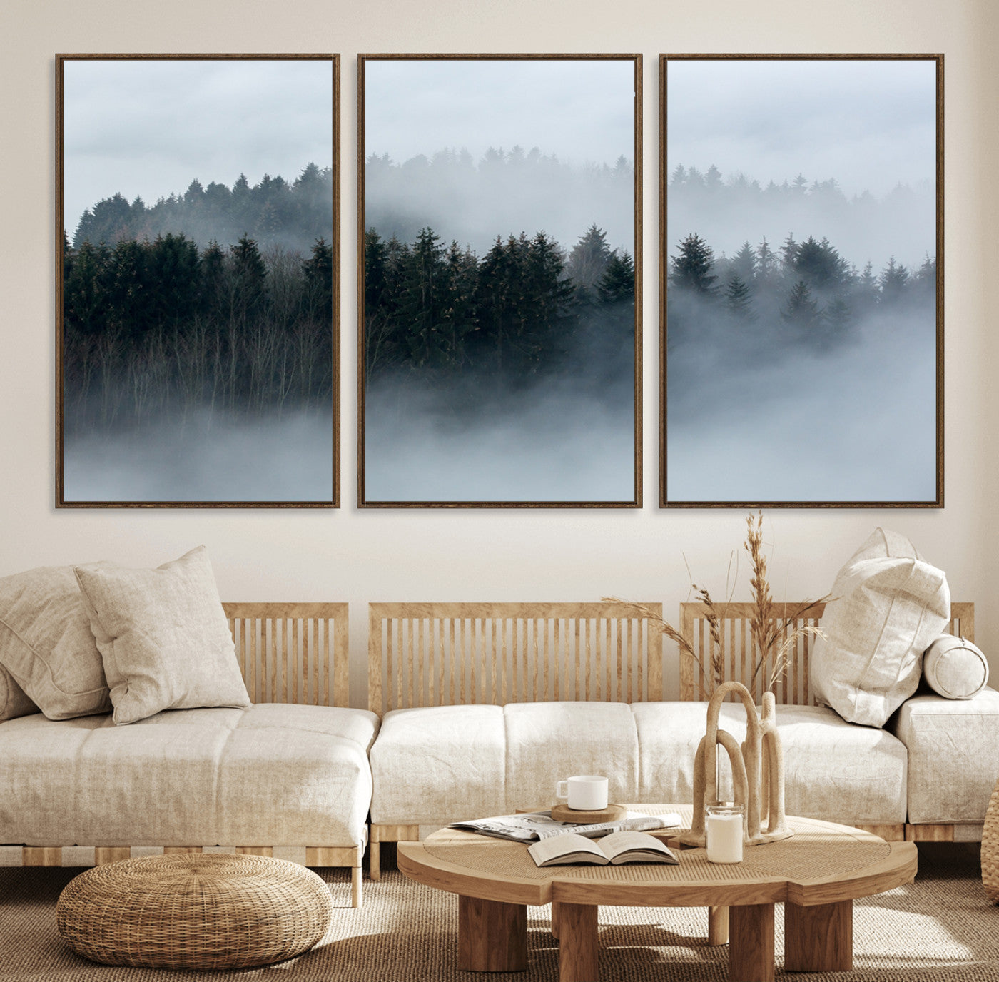 42596-MGV-FC-60X30-3P_Walnut-Misty Forest Wall Art – Atmospheric Pine Trees Canvas Print, Nature Landscape Decor for Living Room, Bedroom, Office, or Cabin