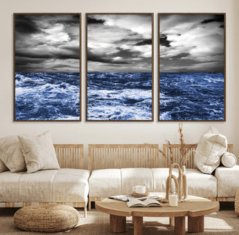 36012-MGV-FC-60X30-3P_Walnut-Dramatic Stormy Ocean Waves Black and White with Deep Blue Highlights – Moody Seascape Wall Art, Nature Photography Print for Home