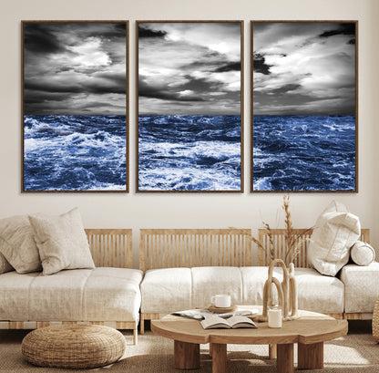 36012-MGV-FC-60X30-3P_Walnut-Dramatic Stormy Ocean Waves Black and White with Deep Blue Highlights – Moody Seascape Wall Art, Nature Photography Print for Home