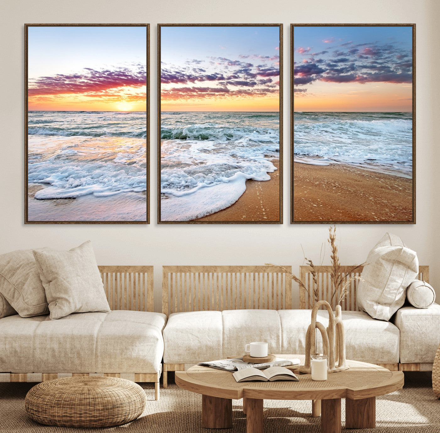 39560-MGV-CV-36X24-Sunrise Beach Wall Art – Vibrant Ocean Waves and Golden Sand Canvas Print, Seaside Coastal Decor for Living Room, Bedroom or
