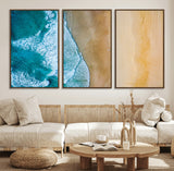 46640-MGV-FC-60X30-3P_Walnut-Aerial Beach Wall Art – Turquoise Waves and Golden Sand Canvas Print with Lone Surfer, Coastal Ocean Decor for Living Room,