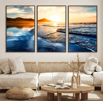 86173-MGV-FC-60X30-3P_Walnut-Golden Sunset Beach Wall Art – Reflective Ocean Canvas Print with Mountains and Waves, Coastal Nature Decor for Living Room,