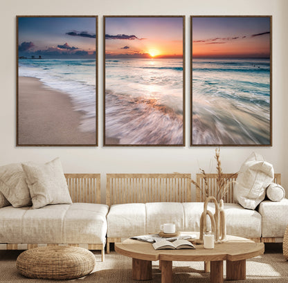 71849-MGV-FC-60X30-3P_Walnut-Sunrise Ocean Beach Wall Art – Serene Seascape Canvas Print with Gentle Waves, Coastal Nature Decor for Bedroom, Living Room or