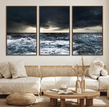 42607-MGV-FC-60X30-3P_Walnut-Stormy Ocean Wall Art – Dramatic Sea and Sky Canvas Print with Sun Rays, Moody Nature Decor for Living Room, Office, Bedroom or