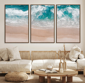 39236-MGV-FC-60X30-3P_Walnut-Ocean Beach Wall Art – Aerial View of Waves and Sand Canvas Print, Coastal Home Decor for Living Room, Bedroom, Office or Beach