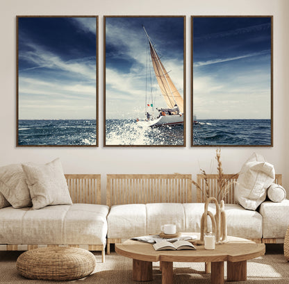 75430-MGV-FC-60X30-3P_Walnut-Sailing Boat Wall Art – Dynamic Ocean Yacht Canvas Print, Nautical Decor for Living Room, Office, Beach House or Cabin