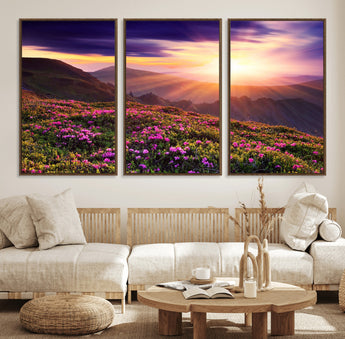 49741-MGV-FC-60X30-3P_Walnut-Mountain Sunrise Wall Art – Vibrant Floral Landscape Canvas Print, Nature Home Decor for Living Room, Bedroom Office or Cabin