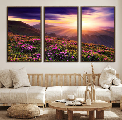49741-MGV-FC-60X30-3P_Walnut-Mountain Sunrise Wall Art – Vibrant Floral Landscape Canvas Print, Nature Home Decor for Living Room, Bedroom Office or Cabin