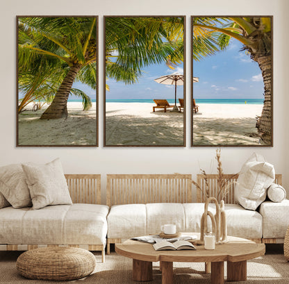 83601-MGV-FC-60X30-3P_Walnut-Tropical Beach Wall Art – Serene Palm Trees and Lounge Chairs Canvas Print, Relaxing Coastal Decor for Living Room, Bedroom or