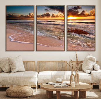 38302-MGV-FC-60X30-3P_Walnut-Sunset Beach Wall Art – Stunning Ocean Waves and Rock Canvas Print, Warm Coastal Decor for Living Room, Bedroom, Office or Beach