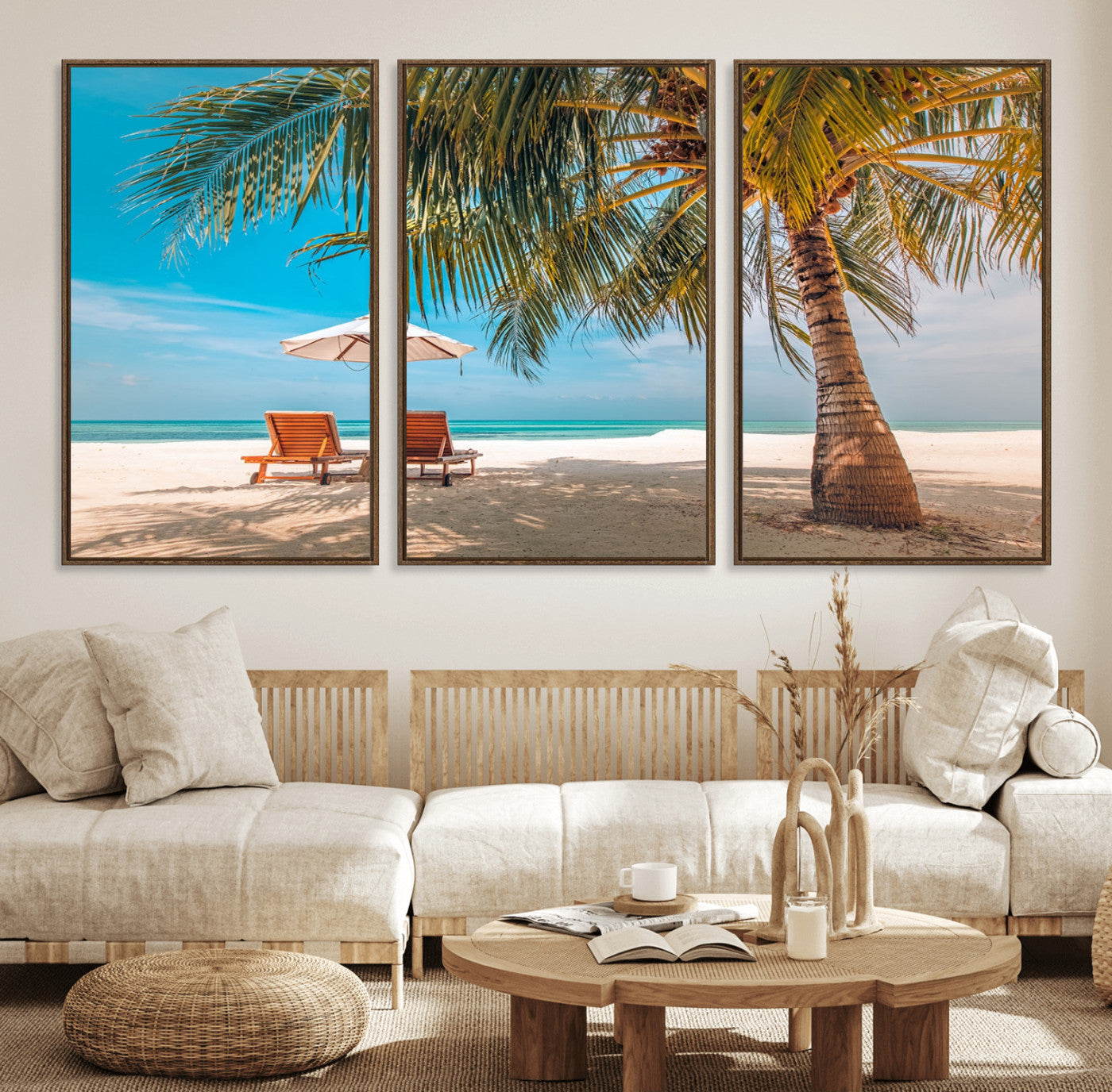 69754-MGV-FC-60X30-3P_Walnut-Tropical Beach Wall Art – Relaxing Palm Tree and Lounge Chairs Canvas Print, Serene Coastal Decor for Living Room, Bedroom, Office