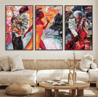 24452-MGV-FC-60X30-3P_Walnut-Vibrant Jazz Musician Painting - Expressive Art Print of Live Jazz Band, Perfect Wall Decor for Music Lovers and Art Enthusiasts