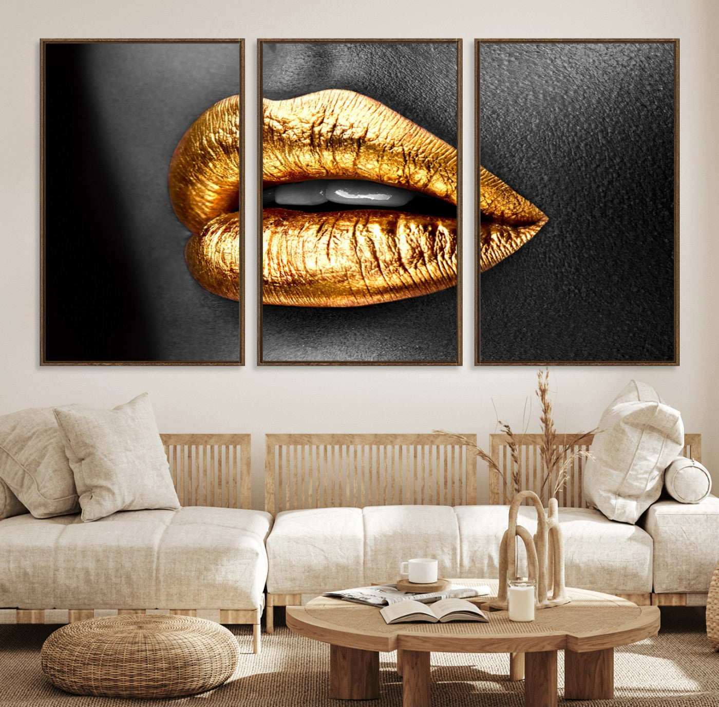 84747-MGV-FC-60X30-3P_Walnut-Golden Lips Black & White Portrait – Glamorous Metallic Lip Art Print, Modern Wall Decor for Bedroom, Beauty & Fashion Lover Gift