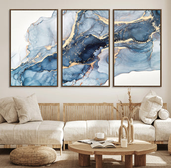 33782-MGV-FC-60X30-3P_Walnut-Abstract Marble Wall Art – Blue & Gold Fluid Painting Canvas Print, Modern Home Decor for Living Room, Bedroom or Office