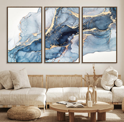 33782-MGV-FC-60X30-3P_Walnut-Abstract Marble Wall Art – Blue & Gold Fluid Painting Canvas Print, Modern Home Decor for Living Room, Bedroom or Office