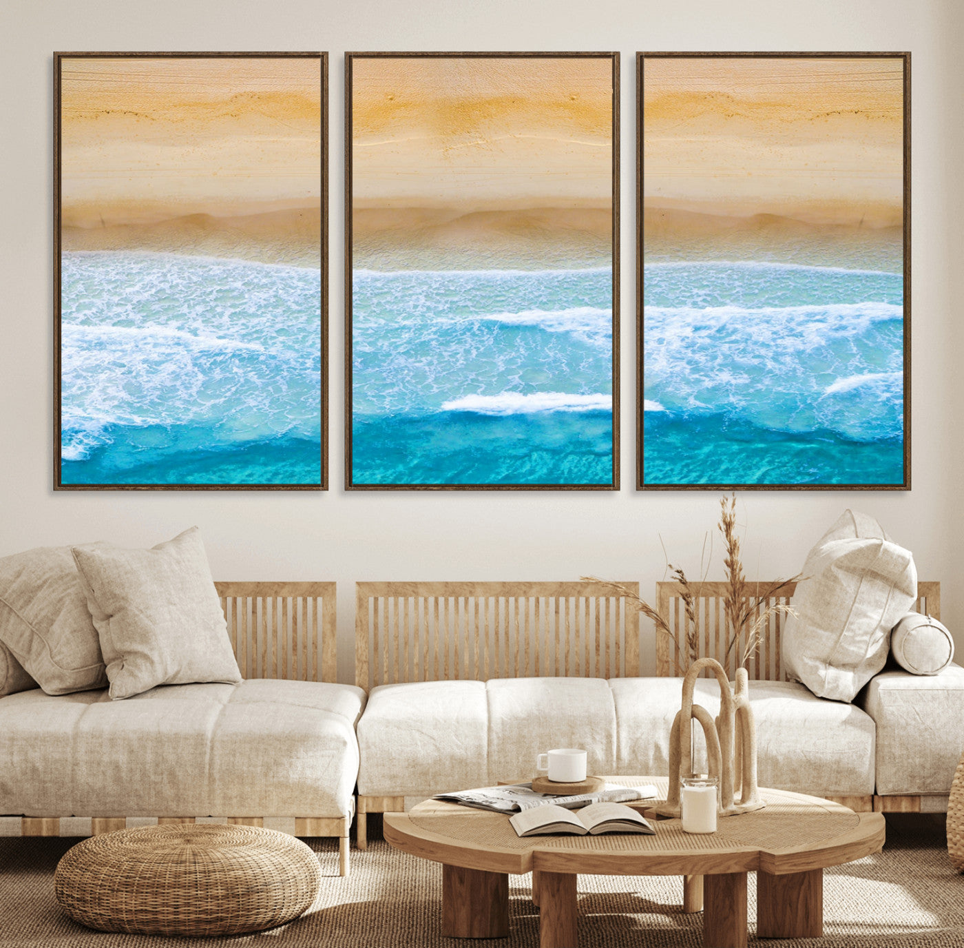 43046-MGV-FC-60X30-3P_Walnut-Aerial Beach Wall Art – Serene Ocean Waves & Sandy Shore Canvas Print, Coastal Home Decor for Living Room, Bedroom or Office