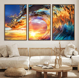 52890-MGV-FC-60X30-3P_Walnut-Surfing Wave Wall Art Canvas Print, Framed Sunset Ocean Art Picture Print, Ocean Wave Perfect Nautical Decor Artwork