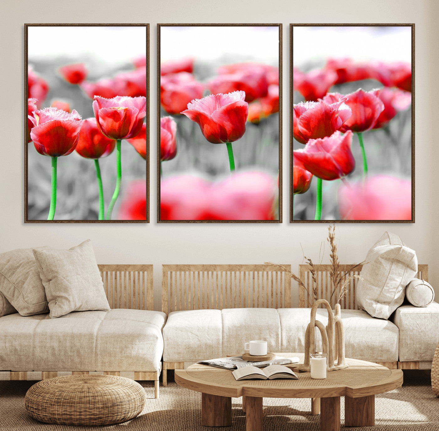 44554-MGV-FC-60X30-3P_Walnut-Vibrant red tulips stand out beautifully against a black-and-white background, making a striking decor piece perfect for any home