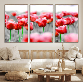 44554-MGV-FC-60X30-3P_Walnut-Vibrant red tulips stand out beautifully against a black-and-white background, making a striking decor piece perfect for any home