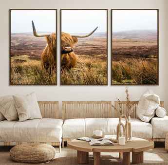 79391-MGV-FC-60X30-3P_Walnut-Majestic Highland Cow in Misty Scottish Moorland – Rustic Natural Charm, Perfect for Unique Home or Office Decor