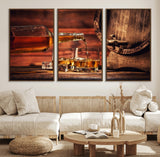 21266-MGV-FC-60X30-3P_Walnut-Pouring Whiskey into Glasses with Ice – Rustic Wooden Barrel Background, Warm Ambient Lighting, Ideal Decor for Home or Office