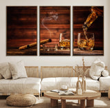 41139-MGV-FC-60X30-3P_Walnut-Whiskey and Cigar Still Life – Glasses with Ice and Pouring Amber Drink on Wooden Table with Smoke, Elegant Bar or Lounge Wall